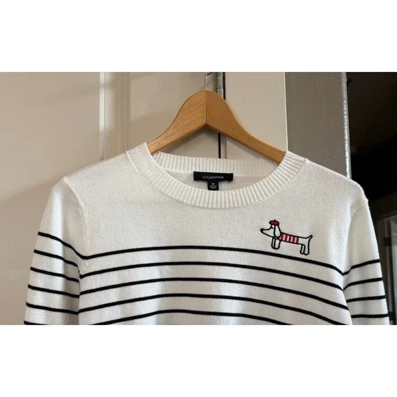 Calligraphie NWT White with Black Stripes Sweater with French Wiener Dog Size M - Picture 5 of 8